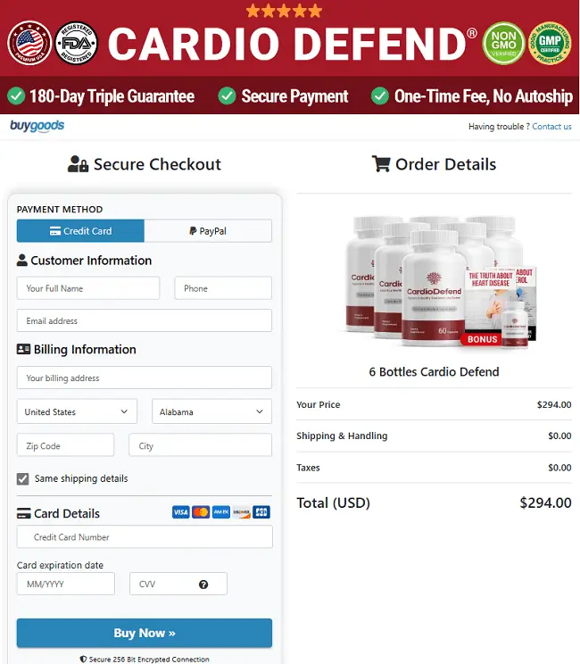 Cardio Defend order page